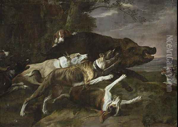 Hounds Assailing a Boar Oil Painting - Peeter Boel