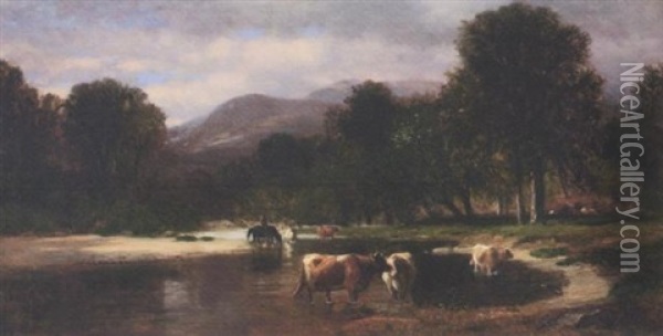 Cattle Watering In A Mountain Landscape Oil Painting - Samuel Lancaster Gerry