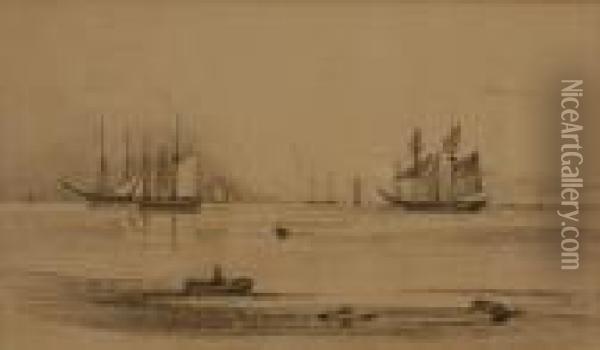 Moored Sailing Ships Off A Coastline Oil Painting - John Crome