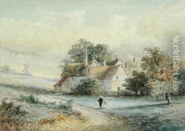 A Mother And Child Outside A Thatched Farmhouse Oil Painting - Thomas Smythe