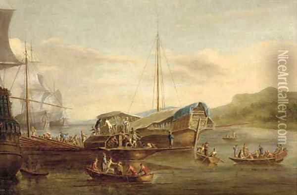 A Mediterranean galeasse and trading vessels unloading in an anchorage Oil Painting - Willem Van De Velde
