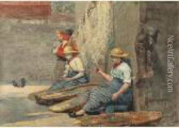 Fishergirls Coiling Tackle Oil Painting - Winslow Homer