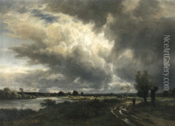 Weite Flusslandschaft Mit Aufziehendem Gewitter Oil Painting - Otto Froelicher