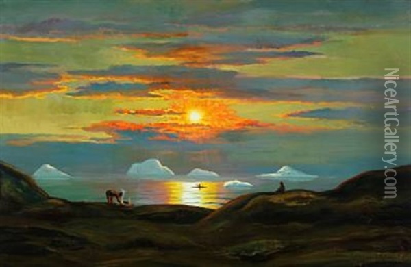 Midnatssol Diskobugten Oil Painting - Emanuel A. Petersen