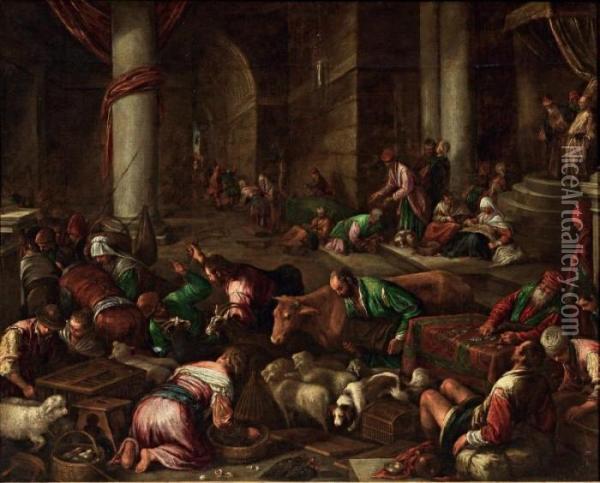 Ges Caccia I Mercanti Dal Tempio Oil Painting - Jacopo Bassano (Jacopo da Ponte)