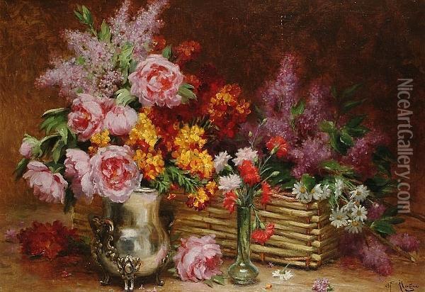 Still Life Flowers With Urn And Basket Oil Painting - Desire Alfred Magne