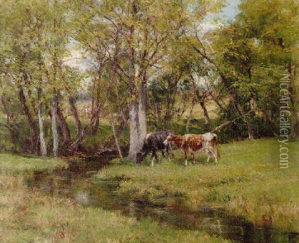 Impressionist Glade, Cows At Stream Oil Painting - Olive Parker Black