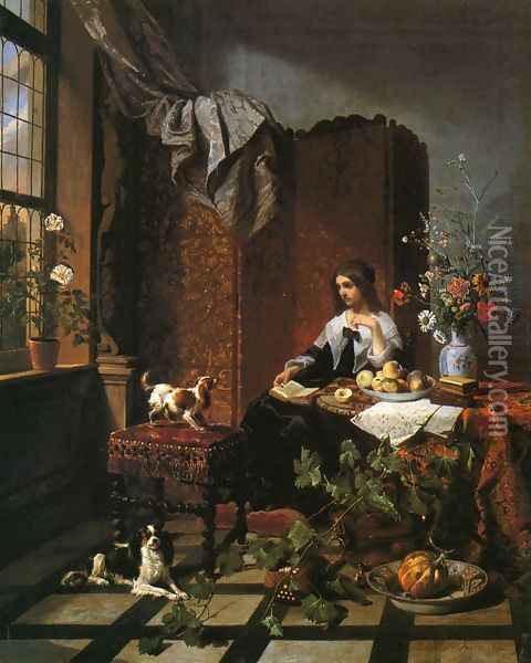 Lady in an Elegant Interior Oil Painting - David Emil Joseph de Noter