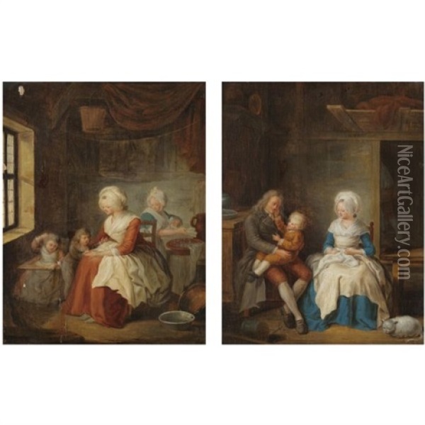 An Interior With A Couple Playing With Their Child (+ An Interior With A Mother Playing With Two Children, A Maid Beyond; Pair) Oil Painting - Jean Baptiste Greuze