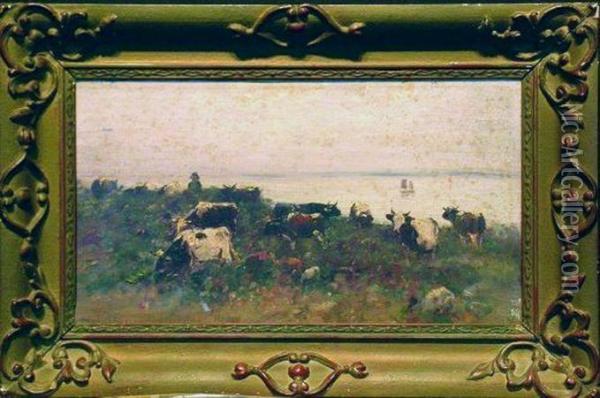 Cattle Grazing Along The River's Edge Oil Painting - Louis-Aime Japy