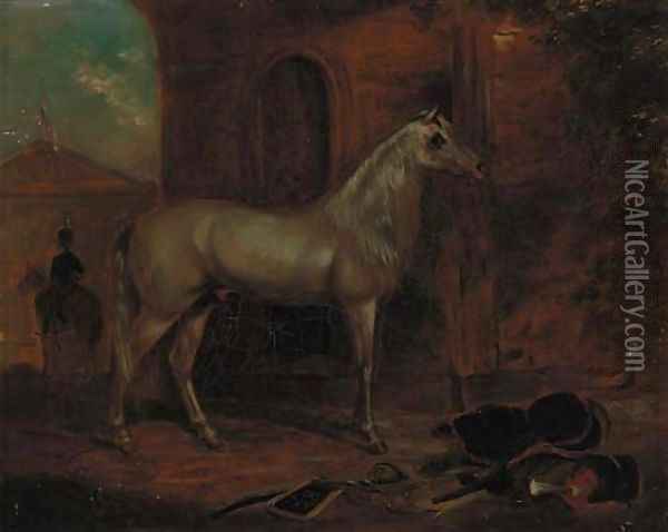 A grey stallion in a stable, a portico beyond Oil Painting - George Henry Laporte