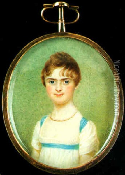 A Young Child Wearing White Dress With Blue Ribbon Decoration And String Of Pearls Oil Painting - Charles Jagger