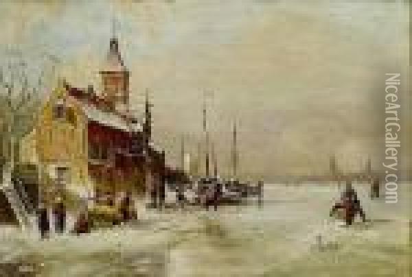 Szene Am Ufer Eines Zugefrorenen Flusses Oil Painting - Charles Henri Leickert
