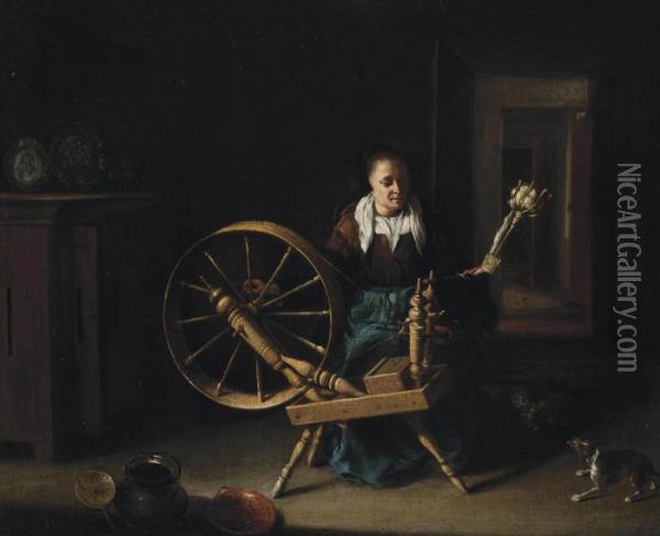 An Old Woman Spinning Wool In An Interior Oil Painting - Nicolaes Maes