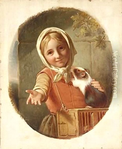 Portrait Of A Girl With A Guinea Pig Oil Painting - Jan Adam Janszoon Kruseman