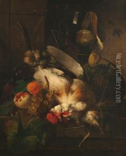 A Still-life Of A Chicken Surrounded By Fruit And Vegetables Oil Painting - Albertus Steenbergen