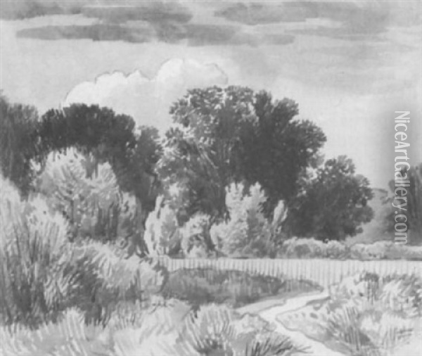 Baumlandschaft Mit Fusweg An Einem Zaun Oil Painting - Franz Kobell