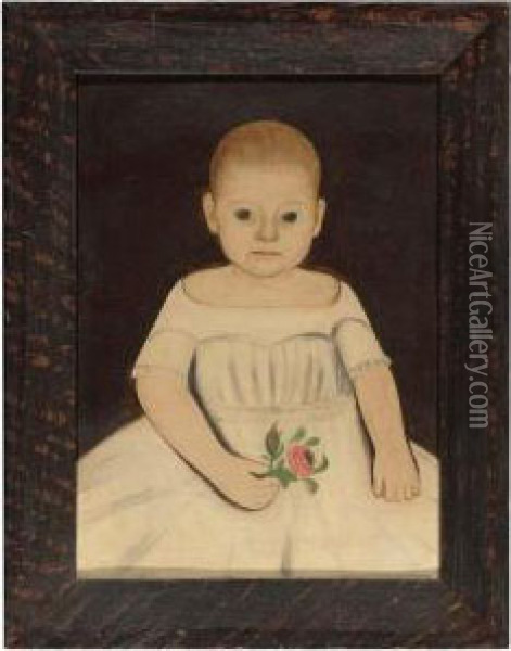 A Portrait Of A Little Girl In A White Dress Holding A Rose Oil Painting - William Kennedy