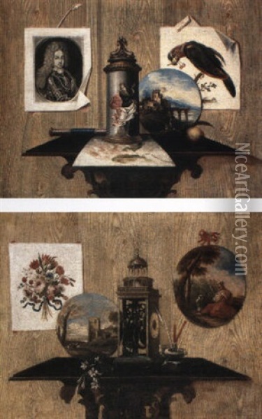 Trompe L'oeil Still Lifes With Paintings, Prints, A Clock And Other Objects Oil Painting - Antonio (lo Scarpetta) Mara