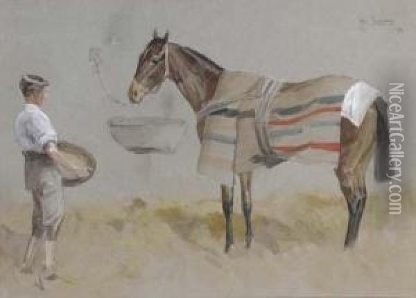 Finish For The Eclipse Stakes, Sandown Park; And A Horse And Groomin A Stable Oil Painting - John Beer