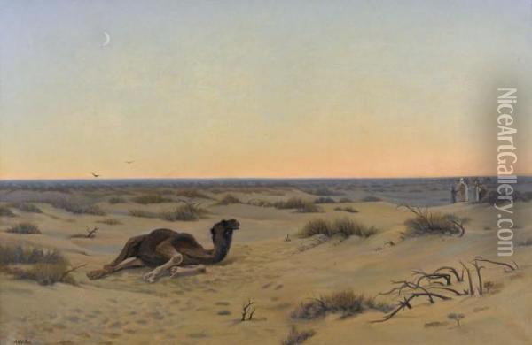 Wustenlandschaft Im Abendrot Mit Liegendem Kamel Oil Painting - Auguste Louis Veillon