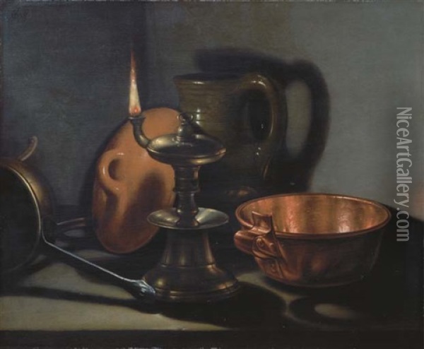 Kitchenware In The Glow Of An Oil Lamp Oil Painting - Cornelis Jacobsz Delff