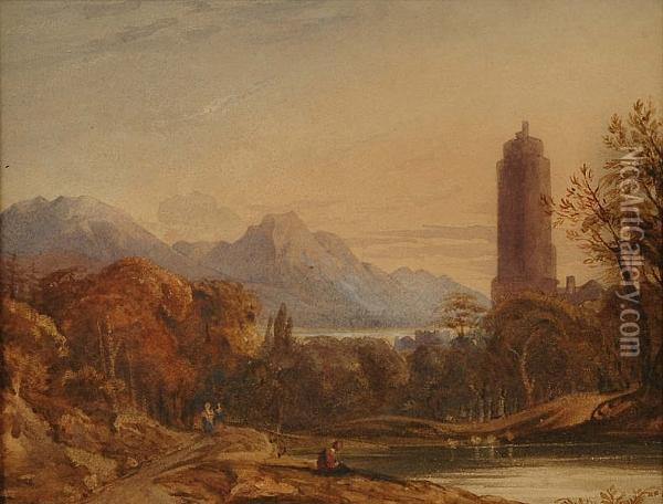 Landscape With Tower And Figures Oil Painting - John Varley