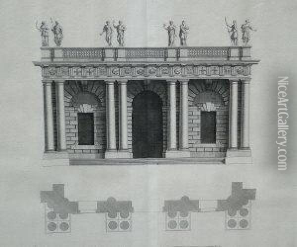 Classical Architectural Study After Inigo Jones, After H. Flitcroft; Engraving, 37.5x37.5cm: Together With Two Other Engravings Of Similar Architectural Studies, One By The Same Hand And The Other By James Cole Oil Painting - Pierre Fourdrinier