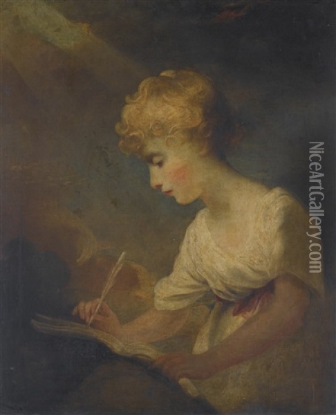 Study Of A Girl Writing Oil Painting - Rev. Matthew William Peters