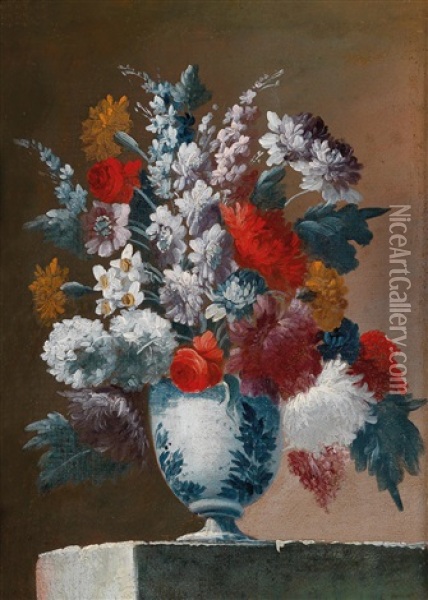 Ein Blumenstillleben In Einer Blauweisen Majolikavase Oil Painting - Giuseppe Lavagna