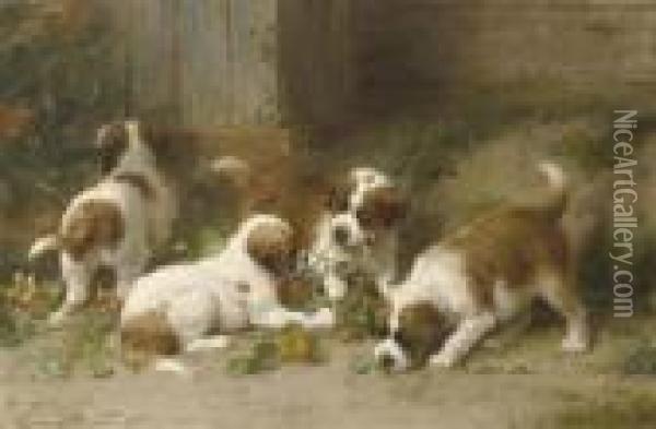 Saint Bernard Puppies Playing With Indian Cress Oil Painting - Otto Eerelman