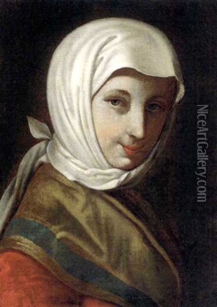 Portrait Of A Young Lady In A White Headscarf Oil Painting - Pietro Antonio Rotari