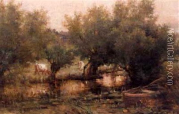 A Tree-lined River Scene As Sun Sets, Cattle Graze Oil Painting - Ferdinand E. Grone