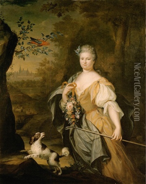 Portrait Of A Lady Standing In A Wooded Landscape With A Spaniel And A Perroquet In A Tree Nearby Oil Painting - Hieronymus van der Mij
