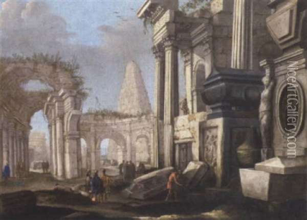 An Architectural Capriccio With Figures Oil Painting - Giovanni Paolo Panini
