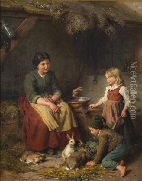 Mother, Children, And Rabbits Oil Painting - Felix Schlesinger