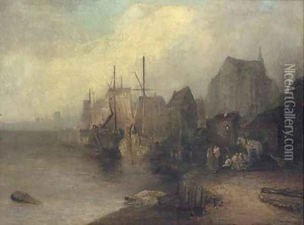 Fishing vessels moored off a coastal town Oil Painting - Dutch School