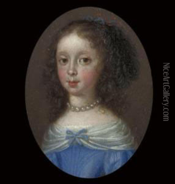 A Young Girl, In Blue Dress With
 White Collar, Pearl Choker And Earrings, Red And Blue Ribbons In Her 
Curling Hair Oil Painting - Gonzales Cocques