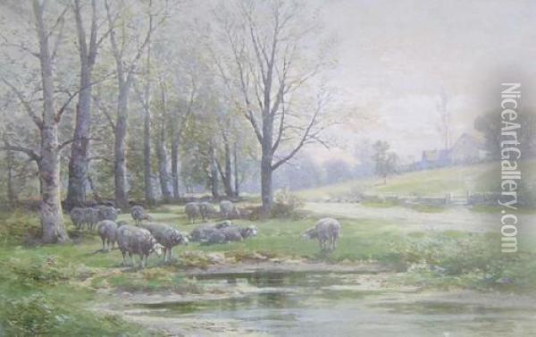 Sheep By A Stream Oil Painting - Carl Weber