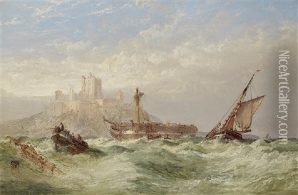 A Rescue Off Bamburgh Castle, Northumberland Oil Painting - Arthur Wilde Parsons