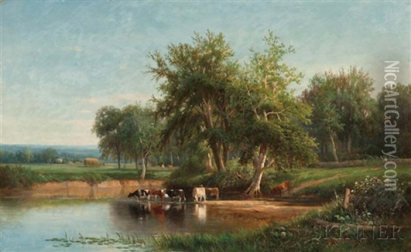 Cows At A Watering Hole Oil Painting - Joseph Antonio Hekking