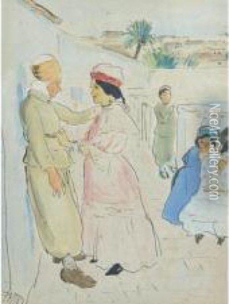 La Femme Orientale Et Le Soldat Plume Et Aquarelle Oil Painting - Jean Launois