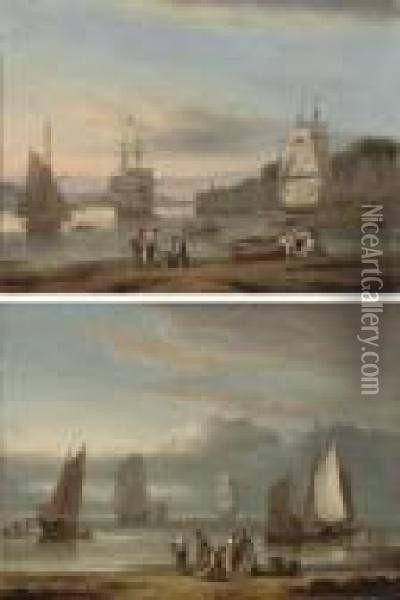 Teignmouth Harbour At Low Tide; And Sorting The Catch On Theforeshore Oil Painting - Thomas Luny