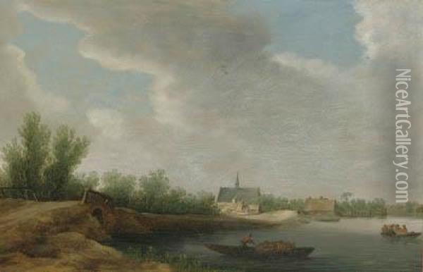 View Of Leiderdorp With Rowing Boats, A Church Beyond Oil Painting - Jan van Goyen