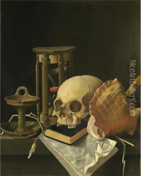 A Vanitas Still Life, With A Skull, An Hourglass, An Oil Lamp, Aconch Shell, A Closed Book, A Recorder, A Musical Score, Togetherwith Some Scattered Ears Of Corn, All Upon A Stone Ledge Oil Painting - Adriaen Coorte
