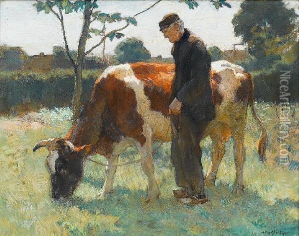 Old Man With Cow Oil Painting - Willy Sluyters
