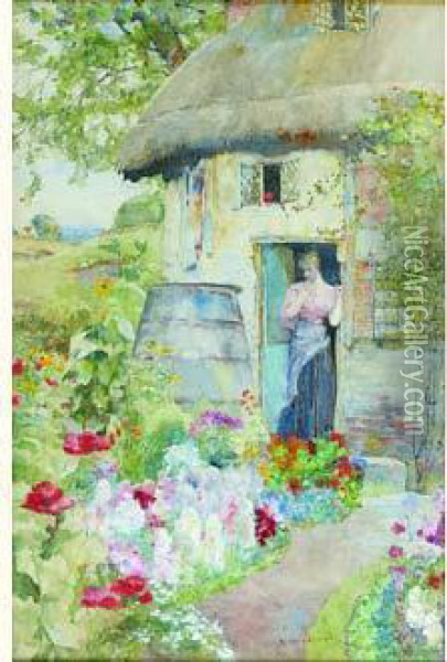 Une Femme Sortant Dans Son Jardin Oil Painting - David Woodlock