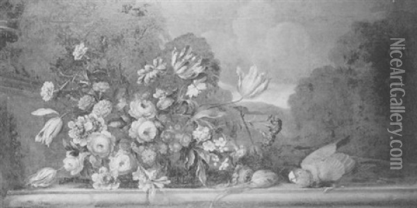 Still Life Of Mixed Flowers And A Parrot On A Stone Ledge,  A Landscape Beyond Oil Painting - Pieter Casteels III