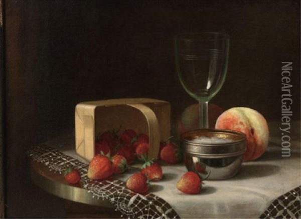 Still Life Of Strawberries, Peaches, Silver And A Wine Glass On A Table Oil Painting - William Mason Brown
