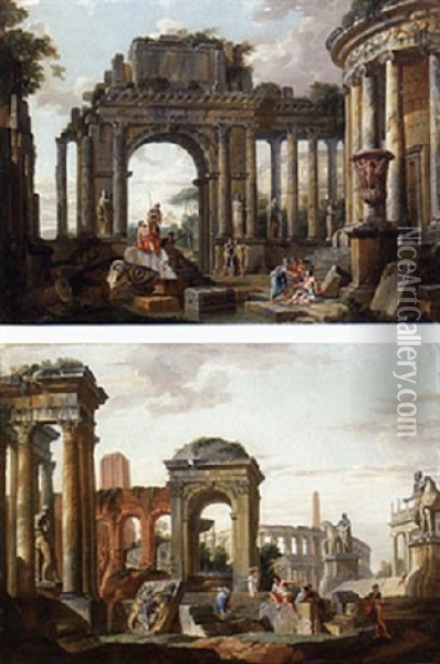 Architectural Capriccio: Soldiers Mocking Blind Belisarius Oil Painting - Giovanni Paolo Panini